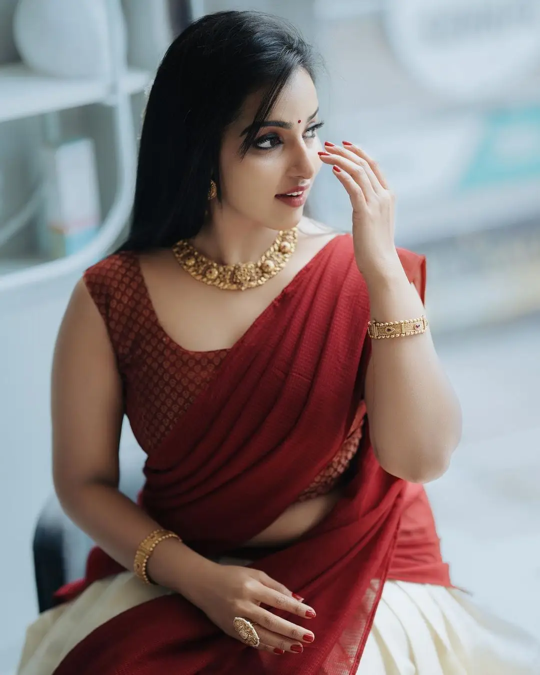 Malavika Menon In South Indian Traditional Red Half Saree Voni Blouse